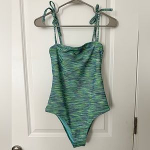 Aerie Blue and Green Tie Strap Cheeky One-Piece Swimsuit Size Small Petite